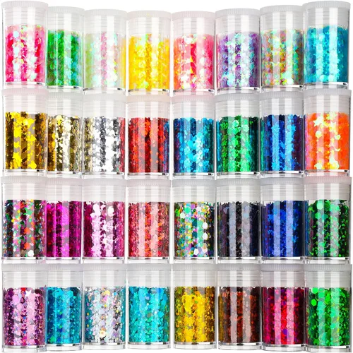 Vista 10 de Teenitor - Mezcla de purpurina gruesa y fina para festivales, 32 colores, lentejuelas gruesas, copos iridiscentes de purpurina, cosméticos