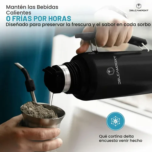 Vista 2 de Mate Thermal Flask Termo con tapa Tapa Vaso – Botella aislada al vacío de acero inoxidable de 1.2L (67.6 onzas), mantiene las bebidas calientes