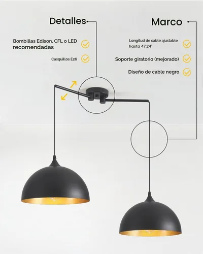 Vista 5 de Luces colgantes negras para isla de cocina, 2 luces, lámpara colgante de cúpula negra, iluminación de isla de cocina, lámpara de comedor, luces