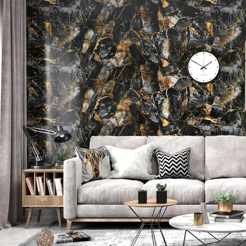 Vista 3 de Wallercity Papel tapiz de mármol negro y dorado brillante para encimeras de salpicaduras, autoadhesivo, impermeable, papel de contacto de mármol