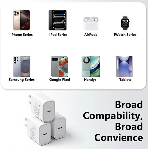 Vista 3 de Paquete de 3 cargadores tipo C con cable de 1.8 m de carga rápida para iPhone 17/16/15, bloques de carga USB C de 25 W súper rápidos para Samsung