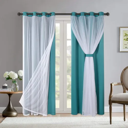 Vista 14 de BONZER Cortinas opacas con superposición transparente, mezcla y combina paneles de ventana de doble capa con aislamiento térmico para sala de estar