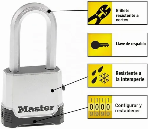 Vista 2 de Master Lock Candado de combinación al aire libre plateado, Candado resistente a la intemperie de servicio pesado con código restablecible y grillete