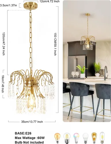 Vista 5 de Goeco Lámparas colgantes de cristal dorado para isla de cocina, bombilla E26 con 1 luz de cristal, elegante iluminación colgante ajustable