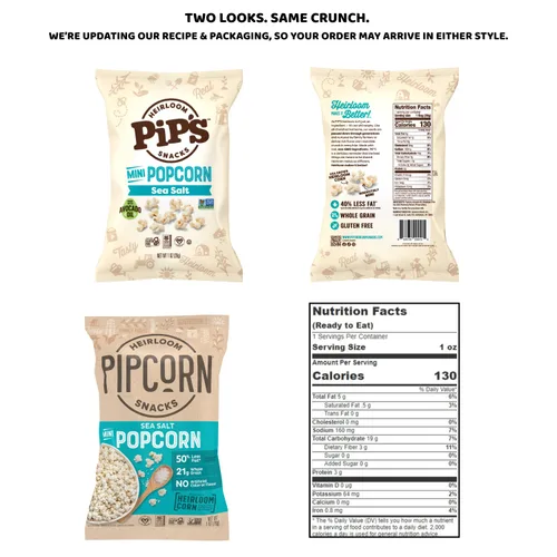 Vista 2 de Palomitas de Maíz Mini Tradicional de Pipcorn por Heirloom Pip's Snacks - Sal Marina, 1 oz 24 pz - Paquetes de Snack Saludables y Sin Gluten, Maíz