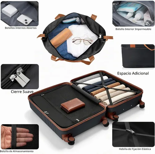Vista 4 de Merax 3 piezas expandible ABS Hardshell equipaje Sets Spinner Wheel Maleta TSA Lock Suit Case, Apertura frontal negra, Juego de 2 piezas, Maleta