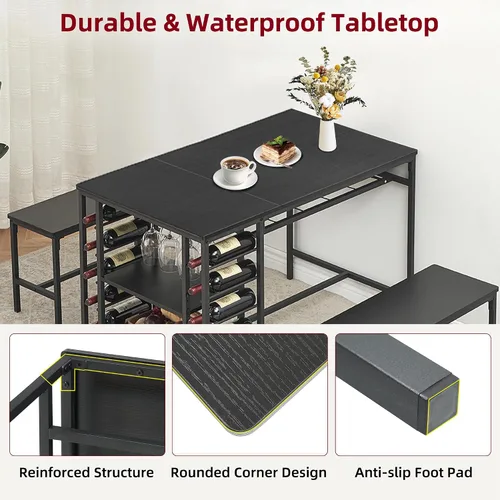 Vista 7 de IDEALHOUSE Juego de mesa de comedor para 4, juego de mesa de cocina para 4 con 2 bancos, juego de mesa de comedor rectangular con estante para Negro