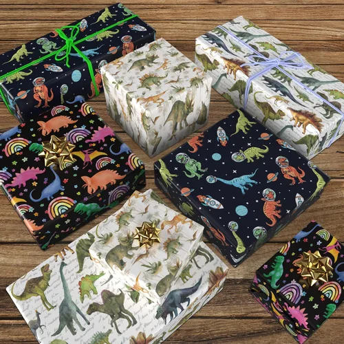 Vista 8 de RiukRaiu Papel de regalo de dinosaurio para niños y niñas, divertido papel de regalo T-Rex para cumpleaños, fiesta, baby shower, 8 hojas plegadas
