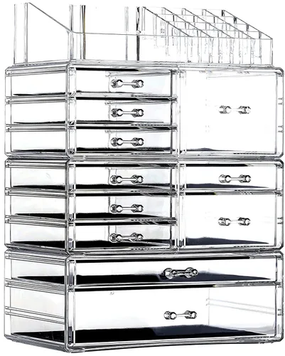 Vista 9 de Cq acrylic Paquete de 3 organizadores de maquillaje transparentes, apilables, 8 cajones, lindos organizadores de tocador para el clip de pelo
