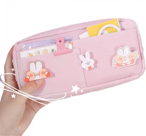 Vista 3 de Estuche grande Kawaii de almacenamiento de artículos de papelería, bolsa de lona para lápices, bolsa de maquillaje, suministros escolares para niñas