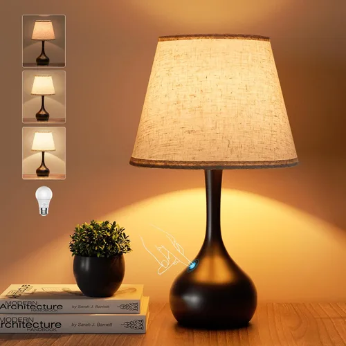 Vista 12 de ONEWISH - Juego de 2 lámparas de mesa de control táctil, de granja, regulables de 3 vías para mesita de noche con pantalla de tela, lámpara