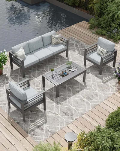 Vista 14 de AECOJOY Juego de muebles de patio de aluminio, muebles modernos de exterior de 5 asientos con mesa auxiliar, 4 piezas de sofá seccional