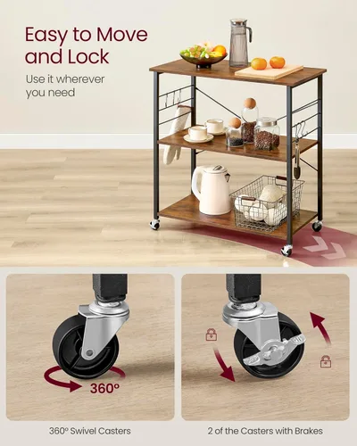 Vista 4 de VASAGLE Estante de cocina con ruedas, carrito de servicio de 31.5 pulgadas con 3 estantes, carrito de cocina, estante de microondas, para mini