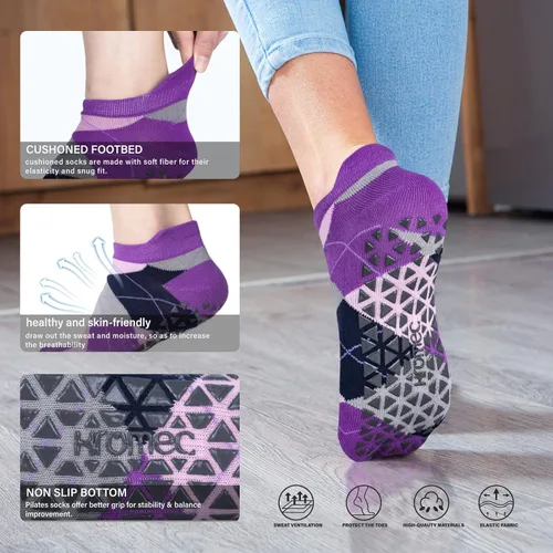 Vista 4 de Calcetines de yoga antideslizantes con agarres para pilates, ballet, barras, descalzos, calcetines antideslizantes para hospitales para mujeres