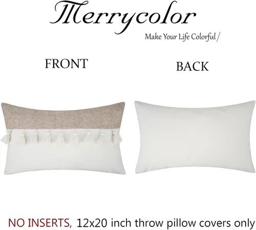 Vista 5 de Merrycolor Juego de 2 fundas de almohada lumbar de lino con retazos bohemios de 12 x 20 pulgadas, fundas de almohada de lino de arpillera de granja