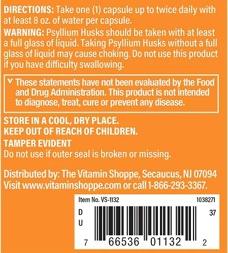 Vista 3 de The Vitamin Shoppe Suplemento de fibra Plantago Ovata de cáscaras de psyllium (100 cápsulas)