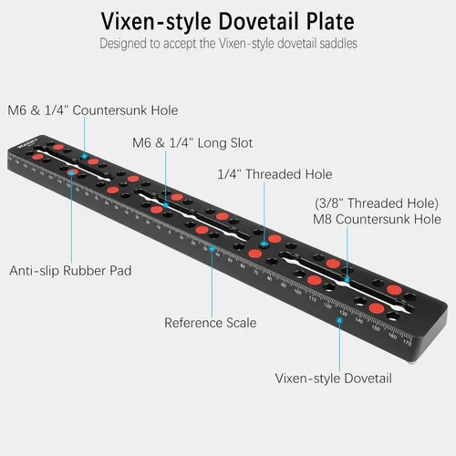 Vista 2 de 13.780 in/13.8 "Barra de riel para telescopio Vixen Style Dovetail Placa de montaje, con M6 1/4 "3/8" Tornillo de cámara para telescopio Base