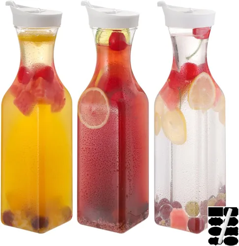 Vista 8 de 3 piezas Jarra de agua de plástico de 32 oz con tapa abatible, contenedores de jugo de base cuadrada, jarra de suministros para bar de mimosa