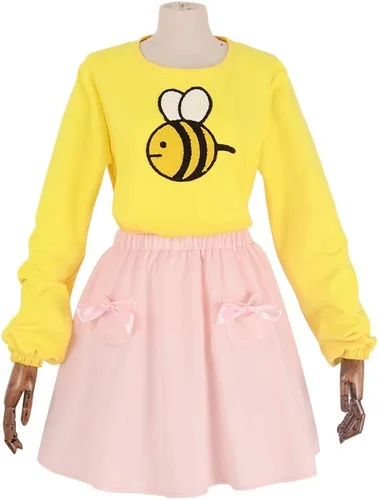 Vista 4 de miccostumes Camisa amarilla abeja para mujer, falda rosa, disfraz de cosplay