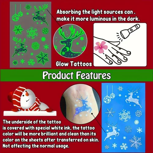 Vista 5 de 12 hojas de tatuajes temporales luminosos, 140 estilos, tatuajes falsos impermeables para niños y niñas, hombro de brazo, adhesivo para recuerdos