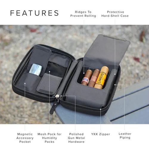 Vista 3 de CASE ELEGANCE Klaro - Funda de viaje para 5 puros, protección rígida, color negro Cuero, 2 bolsillos para accesorios, bolsillo de humidificación