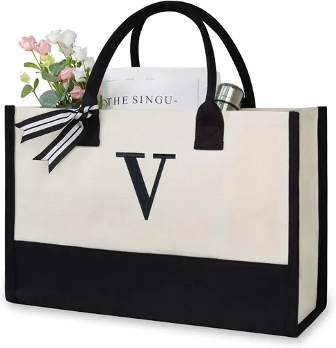 Vista 492 de TOPDesign Personalized Initial Canvas Beach Bag, Monogrammed Gift Tote Bag for Women