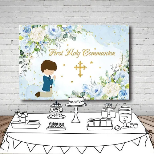 Vista 4 de MEHOFOND Telón de fondo azul para la primera comunión Mi Bautizo de 7 x 5 pies para niños, decoración de fiesta de Dios bendiga fondo azul acuarela