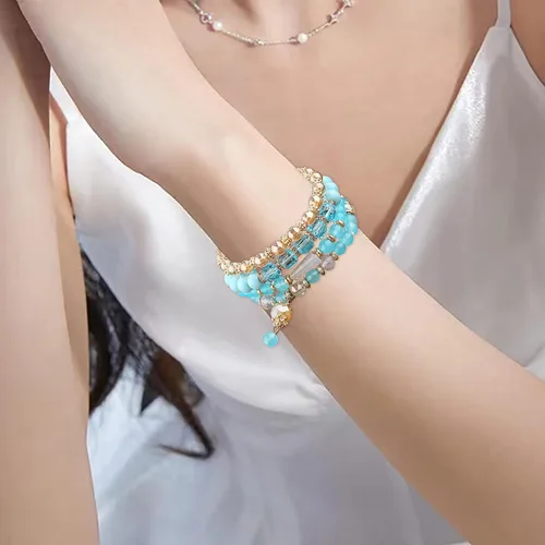 Vista 5 de Juego de aretes de joyería para mujer, pulseras apilables con cuentas para mujer, pulseras elásticas multicapa, joyería multicolor