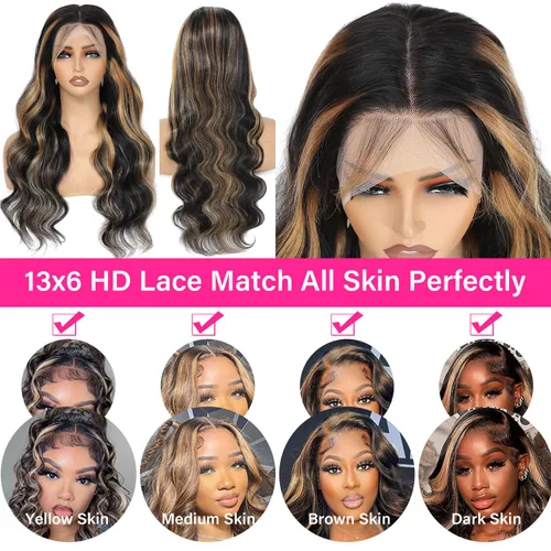 Vista 6 de Pelucas de Encaje Frontal Highlight Body Wave de Cabello Humano 1B/27 Sin Pegamento Densidad 180% 13x6 Peluca Sin Pegamento de Encaje Frontal