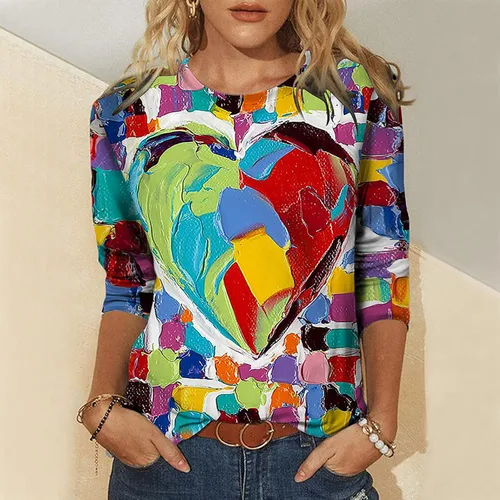 Vista 2 de Blusas de otoño de manga 34 para mujer, estilo casual, con estampado navideño, cuello redondo, a la moda, de ajuste holgado, ligeras, 0