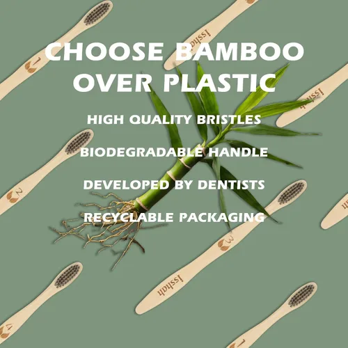 Vista 4 de Isshah - Cepillo de dientes de bambú biodegradable, compostable, ecológico, paquete de 8 FSC certified, PETA approved. Biodegradable, compostable.