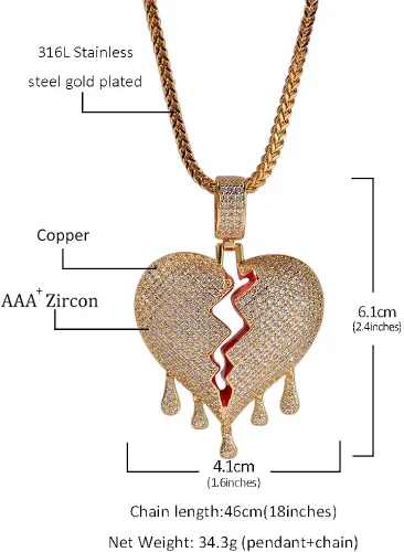 Vista 2 de Kmasal Jewelry Hip Hop Iced Out Broke Heart Chain Bling colgante chapado en oro de 18 quilates collar para hombres y mujeres, latín, 0, Plateado