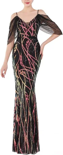 Vista 9 de Vestido de noche de sirena con lentejuelas y hombros descubiertos para mujer Albaricoque plateado