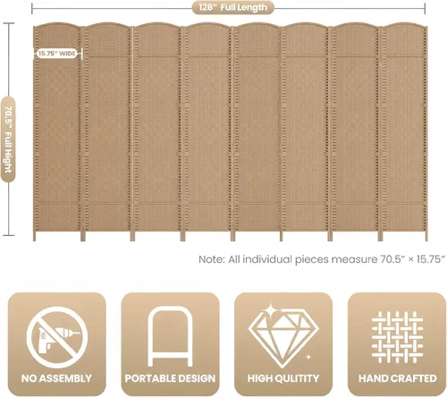 Vista 3 de Divisor de habitación de 8 paneles, pantalla de privacidad plegable de 6 pies, divisor de pared de panel plegable extra ancho con divisor de pared