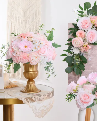 Vista 5 de Senseya - Flores artificiales combo, rosas de seda color rosa pálido, peonías, dalias con tallos para ramos de boda, fiesta de bebé, centros