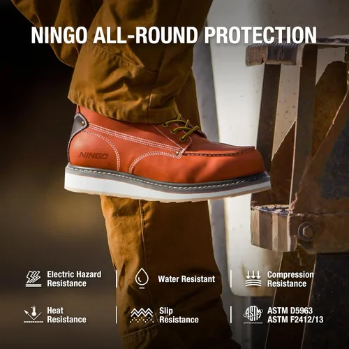 Vista 6 de HISEA NINGO Botas de trabajo para hombre, botas de acero y punta suave, 6 pulgadas, resistentes al agua, antideslizantes, zapatos de trabajo