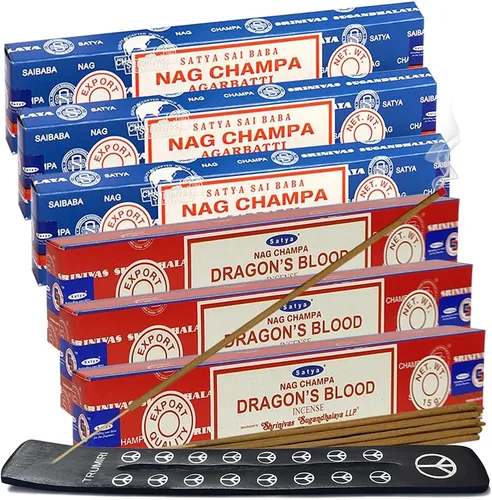 Vista 11 de Varillas de incienso de Sangre de Dragón y Palo Santo con soporte, paquete de variedad de la marca House of Nag Champa y Trumiri