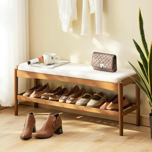 Vista 8 de STDDRE Banco para Zapatos de Entrada de Bambú de 2 Niveles Estante para Zapatos con Asiento Acolchado con Cojín, Organizador de Banco para Zapatos