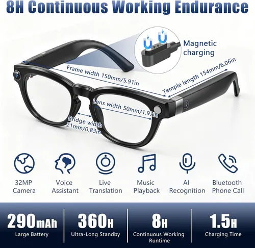 Vista 2 de Anteojos inteligentes AI mejorados con cámara de 8MP HD1080P, anteojos de video con cámara y audio - Anteojos de grabación de video con audio