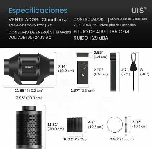 Vista 7 de AC Infinity CLOUDLINE LITE - Kit de filtración de aire de 4 pulgadas, ventilador en línea y filtro de carbono, sistema de refrigeración
