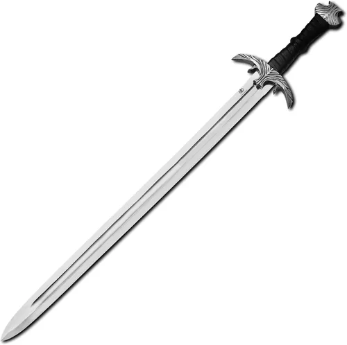 Vista 3 de Espada medieval de doble filo, hoja de acero inoxidable, espada de armado real para adultos, agarre de cuero con vaina