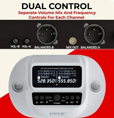 Vista 3 de Pyle Juego de micrófonos de karaoke - Micrófonos inalámbricos con receptor de canal UHF 2x100, sonido de alta fidelidad, antiinterferencias