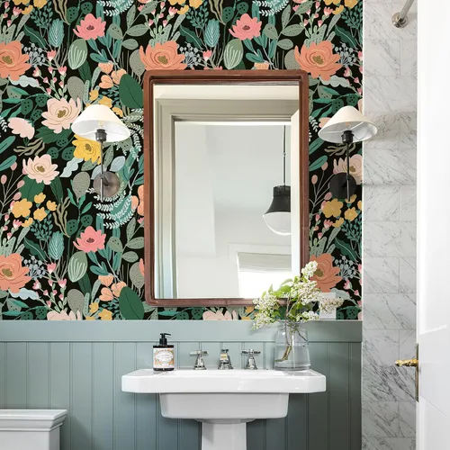 Vista 8 de HueBurst Papel tapiz floral verde oscuro de 17.3 x 118 pulgadas, papel de contacto floral bohemio para baño, sala de estar, dormitorio, papel tapiz