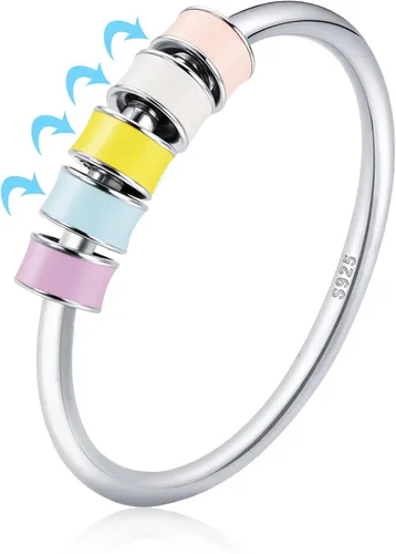 Vista 8 de LOVECOM Anillo giratorio de plata de ley 925 con cuentas esmaltadas coloridas para mujer, anillo giratorio antiansiedad, giratorio, apilable