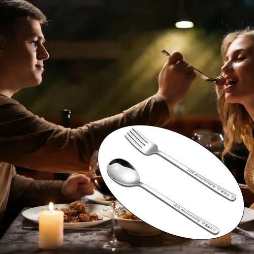 Vista 6 de Juego de cuchara y tenedor de acero inoxidable con nombre personalizado para parejas, utensilios de metal grabados personalizados para helado, café