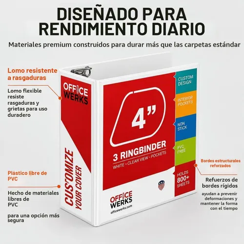 Vista 2 de Paquete de 2 carpetas de 3 anillos de 4 pulgadas, capacidad para 800 hojas, anillo en D resistente, color blanco