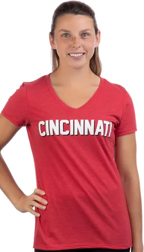 Vista 2 de Cincinnati Camiseta clásica retro negra, roja, azul, gris, Ohio City Pride Newport Fan para mujer con cuello en V, Azul