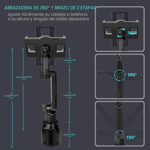Vista 5 de Soporte para tablet con portavasos para coche, soporte ajustable de 360° de 15" de largo con 2 brazos para iPad Pro 12.9/11/10.5/9.7/Air/Mini 6/5/4