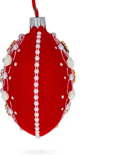 Vista 2 de Adorno de Navidad con diseño de flores en cristal rojo de 4 pulgadas