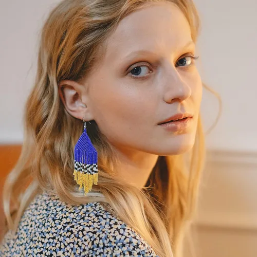 Vista 3 de Native - Aretes de borla con cuentas bohemios, hechos a mano, con flecos, para mujer